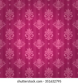 Royal style seamless pattern with tender pink styled floral ornament elements on glamour pink striped shaded background. Wallpaper, curtain design.