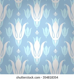 Royal style seamless pattern with white tulip and heraldic fleur-de-lys ornament elements on rococo blue shaded background. Multipurpose elegant backdrop. Seamless pattern background. Seamless design.
