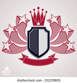 Royal stylized vector graphic symbol. Shield with 3d flying stars and imperial crown. Clear eps8 coat of arms Ã?Â¢?? security idea. Sophisticated coronet, web design blazon.