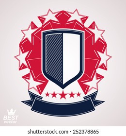 Símbolo gráfico vectorial de estilo real. Escudo con estrellas 3d y cinta roja decorativa. ¿El escudo de los eps8 limpio? ¿¿¿Alférez??? idea militar y de protección.
