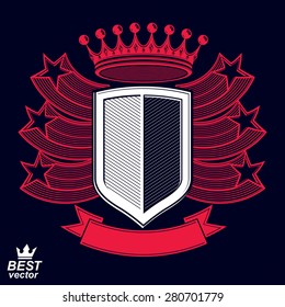 Royal stylized vector graphic symbol. Shield with 3d stars and decorative red ribbon. Clear eps8 coat of arms military and protection idea.