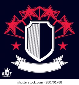 Royal stylized vector graphic symbol. Shield with 3d stars and decorative red ribbon. Clear eps8 coat of arms military and protection idea.