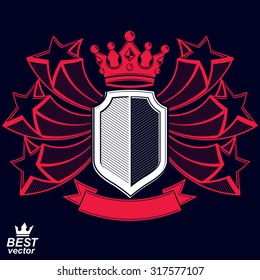 Royal stylized vector graphic symbol. Shield with 3d stars and decorative red ribbon. Clear eps8 coat of arms,?? military and protection idea.