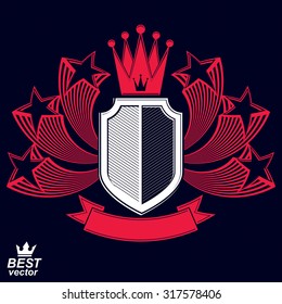 Royal stylized vector graphic symbol. Shield with 3d stars and decorative red ribbon. Clear eps8 coat of arms Ã¢?? military and protection idea.