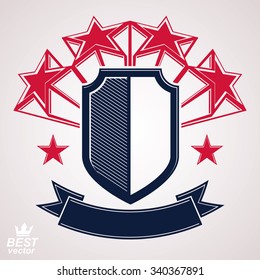 Royal stylized vector graphic symbol. Shield with 3d stars and decorative red ribbon. Clear eps8 coat of arms,?? military and protection idea.