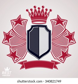 Royal stylized vector graphic symbol. Shield with 3d red flying stars and imperial crown. Clear eps8 coat of arms, security idea. Decorative coronet, web design blazon.