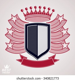 Royal stylized vector graphic symbol. Shield with 3d red flying stars and imperial crown. Clear eps8 coat of arms, security idea. Decorative coronet, web design blazon.