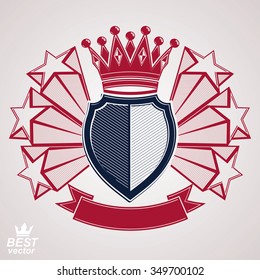 Royal stylized vector graphic symbol. Shield with 3d flying stars and imperial crown. Clear eps8 coat of arms, security idea. Sophisticated coronet, web design blazon.
