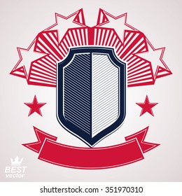 Royal stylized vector graphic symbol. Shield with 3d stars and decorative red ribbon. Clear EPS8 coat of arms, military and protection idea.