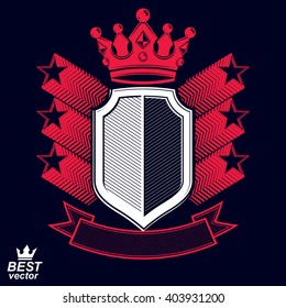 Royal stylized vector graphic symbol. Shield with 3d stars and decorative red ribbon. Coat of arms, military and protection idea.