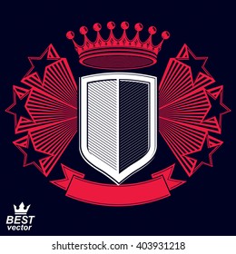 Royal stylized vector graphic symbol. Shield with 3d stars and decorative red ribbon. Coat of arms, military and protection idea.