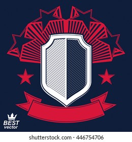 Royal stylized vector graphic symbol. Shield with 3d stars and decorative red ribbon. Clear eps8 coat of arms Ã¢?? military and protection idea.