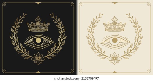 Símbolo real, ojo, corona con grabado, dibujado a mano, lujo, celeste, esotérico, estilo boho, apto para espiritualista, religioso, paranormal, lector de tarot, astrólogo o tatuaje