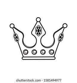 Royal symbol icon, monogram crown logo, beauty tiara princess, medieval king coronation emblem. Crown with gemstones and pearls. Linear icon black and white outline