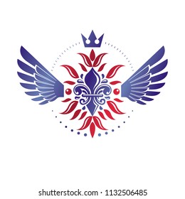 Royal symbol Lily Flower graphic emblem composed with king crown. Heraldic vector design element. Retro style label, heraldry logo.