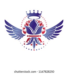Royal symbol Lily Flower graphic emblem composed with king crown. Heraldic vector design element. Retro style label, heraldry logo.