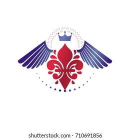 Royal symbol Lily Flower graphic emblem composed with king crown. Heraldic vector design element. Retro style label, heraldry logo.