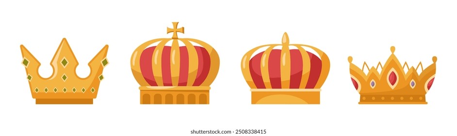 Royal symbol of power and monarchy. Vector isolated realistic wealthy golden crowns for queens and kings, princesses and princes. Medieval design of gold and gemstones jewelry on coronet