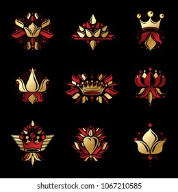 Royal symbols, Flowers, floral and crowns, emblems set. Heraldic vector design elements collection. Retro style label, heraldry logo.