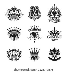 Royal symbols, Flowers, floral and crowns, emblems set. Heraldic vector design elements collection. Retro style label, heraldry logo.