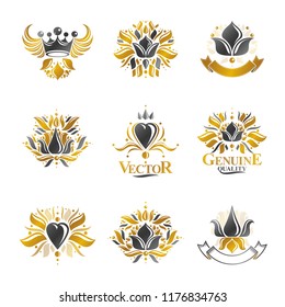 Royal symbols, Flowers, floral and crowns, emblems set. Heraldic vector design elements collection. Retro style label, heraldry logo.