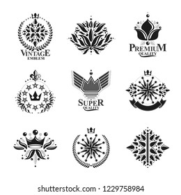 Royal symbols, Flowers, floral and crowns, emblems set. Heraldic vector design elements collection. Retro style label, heraldry logo.