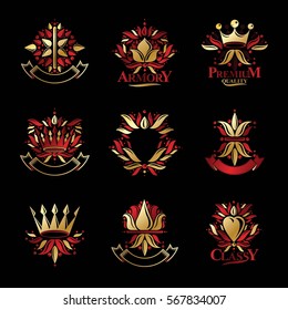 Royal symbols, Flowers, floral and crowns, emblems set. Heraldic vector design elements collection. Retro style label, heraldry logo.