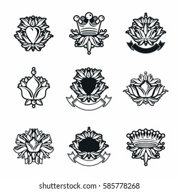 Royal symbols, Flowers, floral and crowns, emblems set. Heraldic vector design elements collection. Retro style label, heraldry logo.