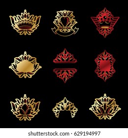 Royal symbols, Flowers, floral and crowns, emblems set. Heraldic vector design elements collection. Retro style label, heraldry logo.