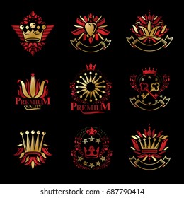 Royal symbols, Flowers, floral and crowns, emblems set. Heraldic vector design elements collection. Retro style label, heraldry logo.