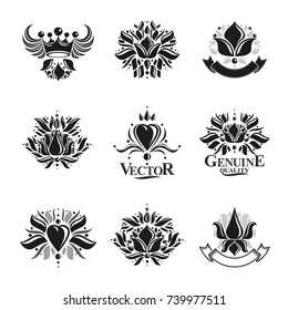 Royal symbols, Flowers, floral and crowns, emblems set. Heraldic vector design elements collection. Retro style label, heraldry logo.