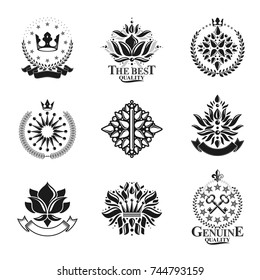 Royal symbols, Flowers, floral and crowns, emblems set. Heraldic vector design elements collection. Retro style label, heraldry logo.