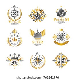 Royal symbols, Flowers, floral and crowns, emblems set. Heraldic vector design elements collection. Retro style label, heraldry logo.