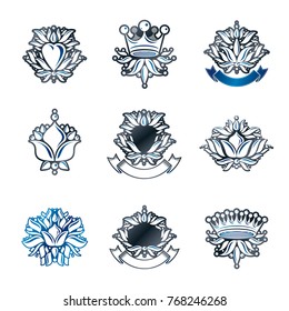 Royal symbols, Flowers, floral and crowns, emblems set. Heraldic vector design elements collection. Retro style label, heraldry logo.