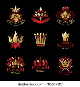 Royal symbols, Flowers, floral and crowns, emblems set. Heraldic