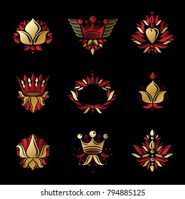 Royal symbols, Flowers, floral and crowns, emblems set. Heraldic vector design elements collection. Retro style label, heraldry logo.