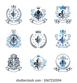 Royal symbols Lily Flowers emblems set. Heraldic vector design elements collection. Retro style label, heraldry logo.