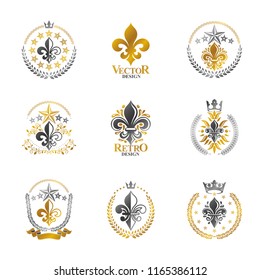 Royal symbols Lily Flowers emblems set. Heraldic vector design elements collection. Retro style label, heraldry logo.