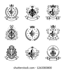 Royal symbols Lily Flowers emblems set. Heraldic vector design elements collection. Retro style label, heraldry logo.