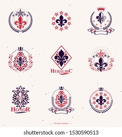 Royal symbols Lily Flowers emblems set. Heraldic vector design elements collection. Retro style label, heraldry logo.