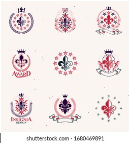 Royal symbols Lily Flowers emblems set. Heraldic vector design elements collection. Retro style label, heraldry logo.