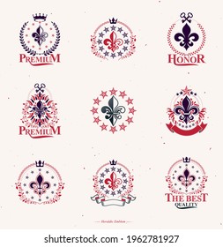 Royal symbols Lily Flowers emblems set. Heraldic vector design elements collection. Retro style label, heraldry logo.