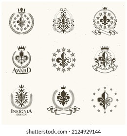 Royal symbols Lily Flowers emblems set. Heraldic vector design elements collection. Retro style label, heraldry logo.