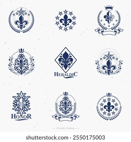 Conjunto de emblemas de flores de lirio de símbolos reales. Colección de Elementos de diseño de Vector heráldico. Etiqueta de estilo retro, logotipo heráldico.