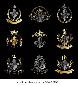 Royal symbols Lily Flowers emblems set. Heraldic vector design elements collection. Retro style label, heraldry logo.