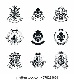 Royal symbols Lily Flowers emblems set. Heraldic vector design elements collection. Retro style label, heraldry logo.