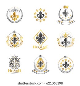 Royal symbols Lily Flowers emblems set. Heraldic vector design elements collection. Retro style label, heraldry logo.