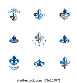 Royal symbols Lily Flowers emblems set. Heraldic vector design elements collection. Retro style label, heraldry logo.