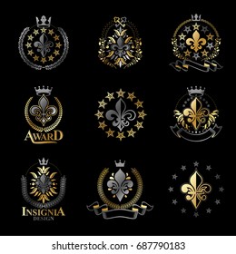 Royal symbols Lily Flowers emblems set. Heraldic vector design elements collection. Retro style label, heraldry logo.