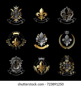 Royal symbols Lily Flowers emblems set. Heraldic vector design elements collection. Retro style label, heraldry logo.